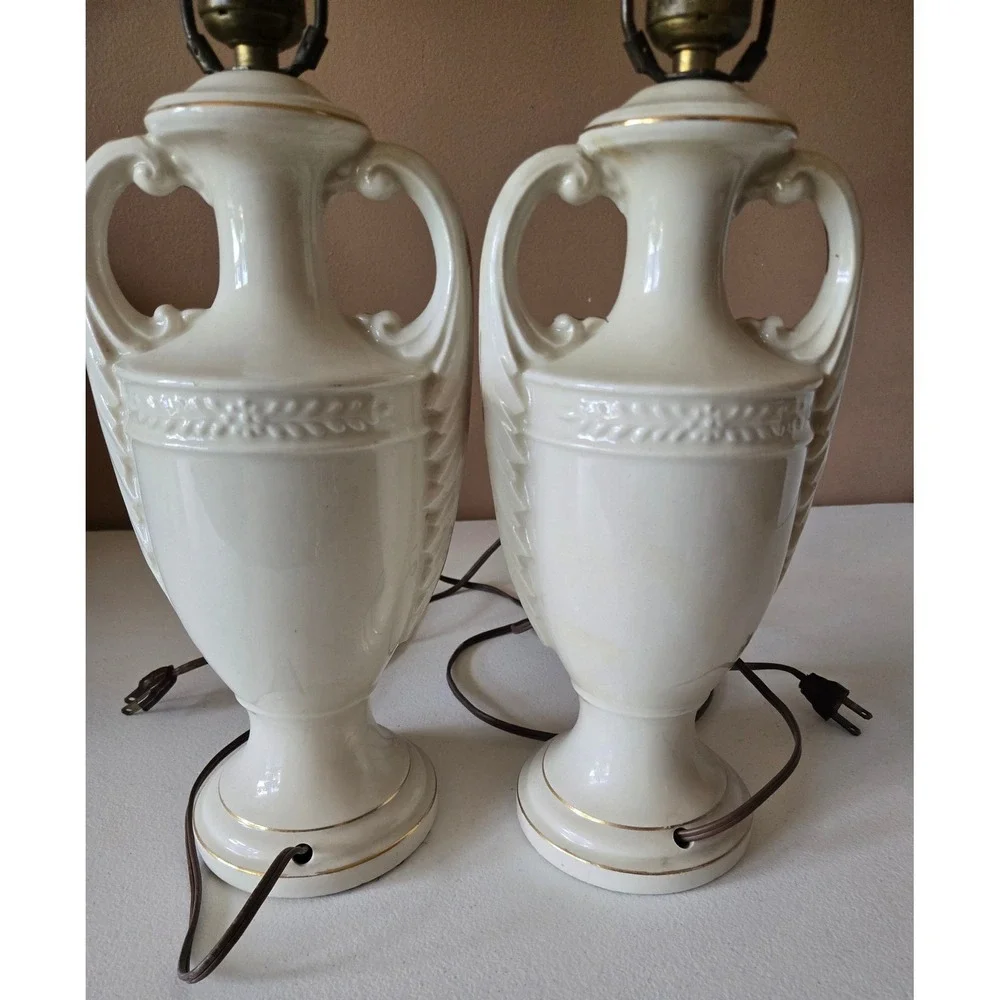 Vintage Pair Floral Porcelain Urn Table Lamps White Gold Roses Hollywood Regency